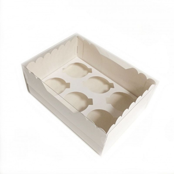 Коробка для 6 капкейков 24•17•10 см Белая с прозрачной крышкой (крышка+дно) | упак. 5-25 шт
